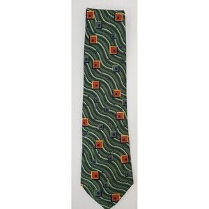 Parksdera Pure Silk Hand Made Men's Tie Green Orange Waves Square
